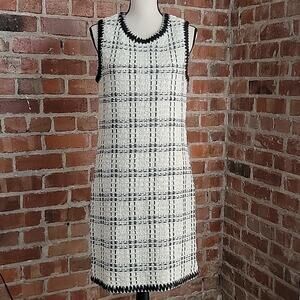 Tory Burch Black Ivory Sleeveless Tweed Midi Dress‎ Medium